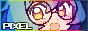 button that says 'pixel' with a character drawn in pixel art with blue hair and big round glasses, there's a rainbow color effect on the button